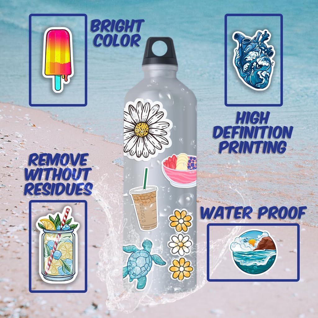 120 PCS Holographic Preppy Beach Stickers for Laptops, Water Bottle, Phone, Cups, Mugs, Hydro Ocean Cute Aesthetic Preppy Sticker Pack for Girls (120)