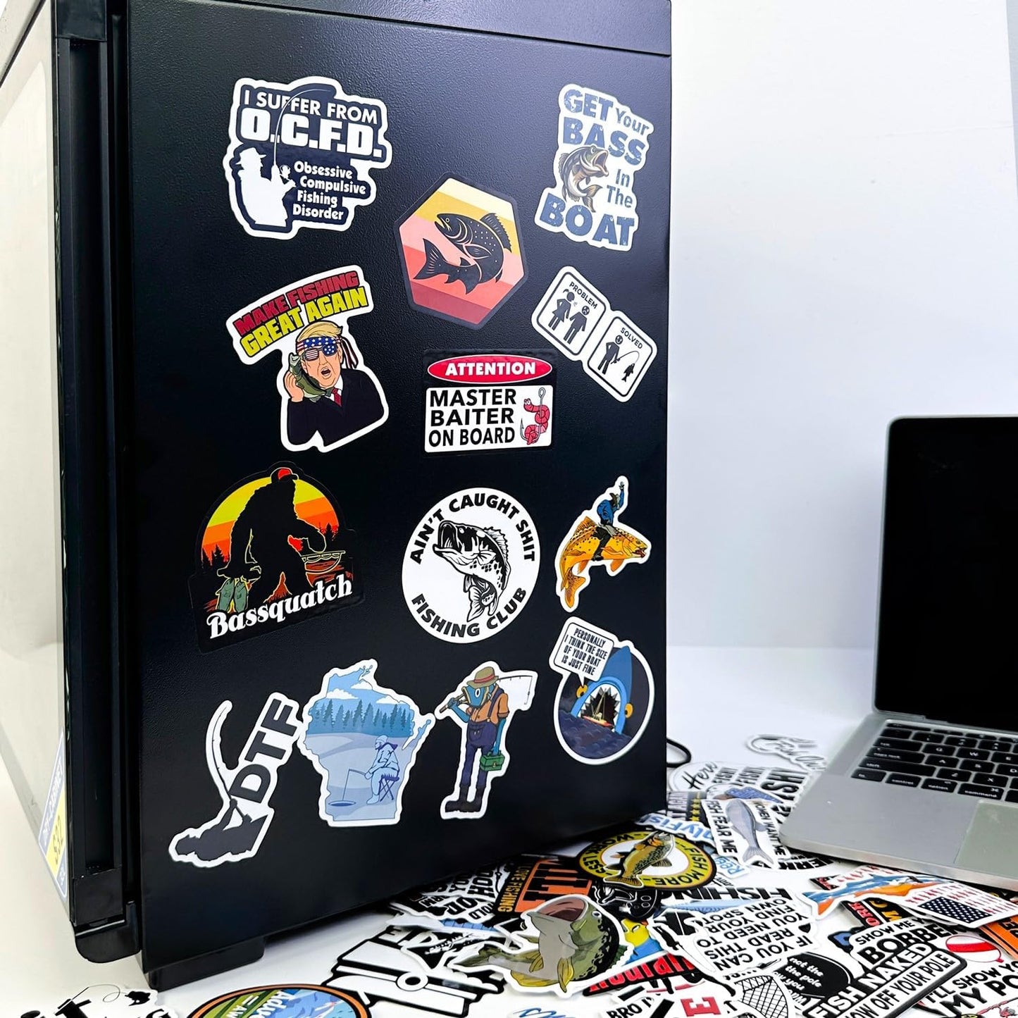 74pcs Funny Fishing Stickers for Tackle Box, Bucket, Father's Day Gift Waterproof Laptop Car Vinyl Skateboard Water Bottle Hard hat Tool Travel Case Guitar