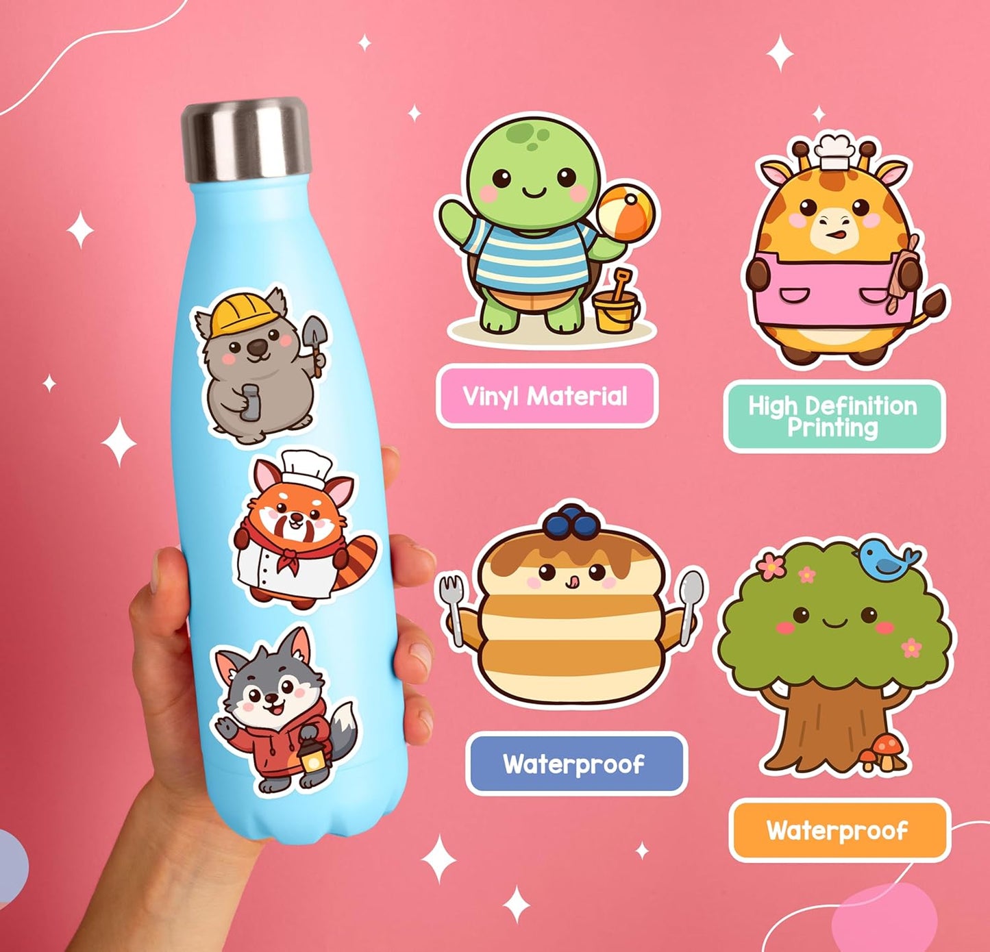 Pocket Pals by Puraesla – 156PCS Cute Animal Stickers for Kids, Waterproof Vinyl Water Bottle Stickers, Self-Adhesive Pet Reward Decals for Classroom, Baby, Party Favors