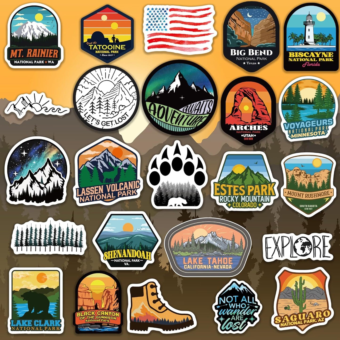 156 Pcs National Parks Sticker Pack, Outdoor Nature Camping Hiking Inspired Waterproof Vinyl Decals for Water Bottles Laptop Car, Travel Adventure Partks Sticker