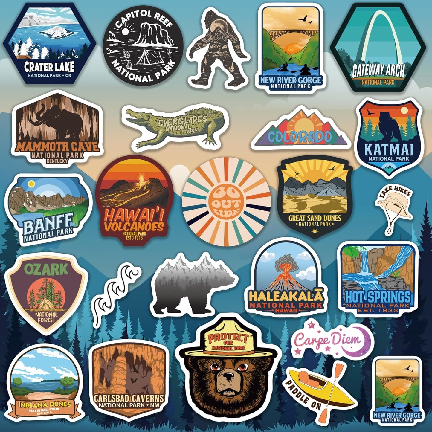 156 Pcs National Parks Sticker Pack, Outdoor Nature Camping Hiking Inspired Waterproof Vinyl Decals for Water Bottles Laptop Car, Travel Adventure Partks Sticker