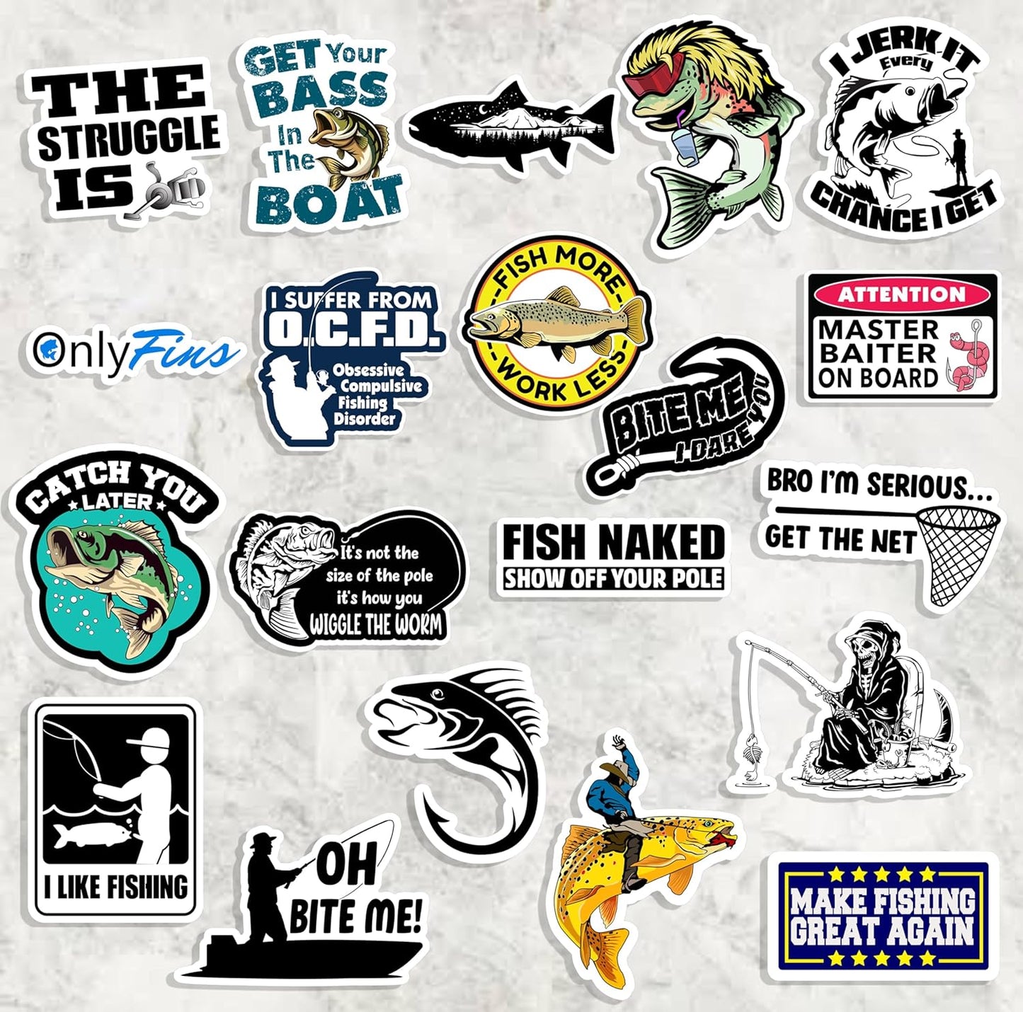 74pcs Funny Fishing Stickers for Tackle Box, Bucket, Father's Day Gift Waterproof Laptop Car Vinyl Skateboard Water Bottle Hard hat Tool Travel Case Guitar