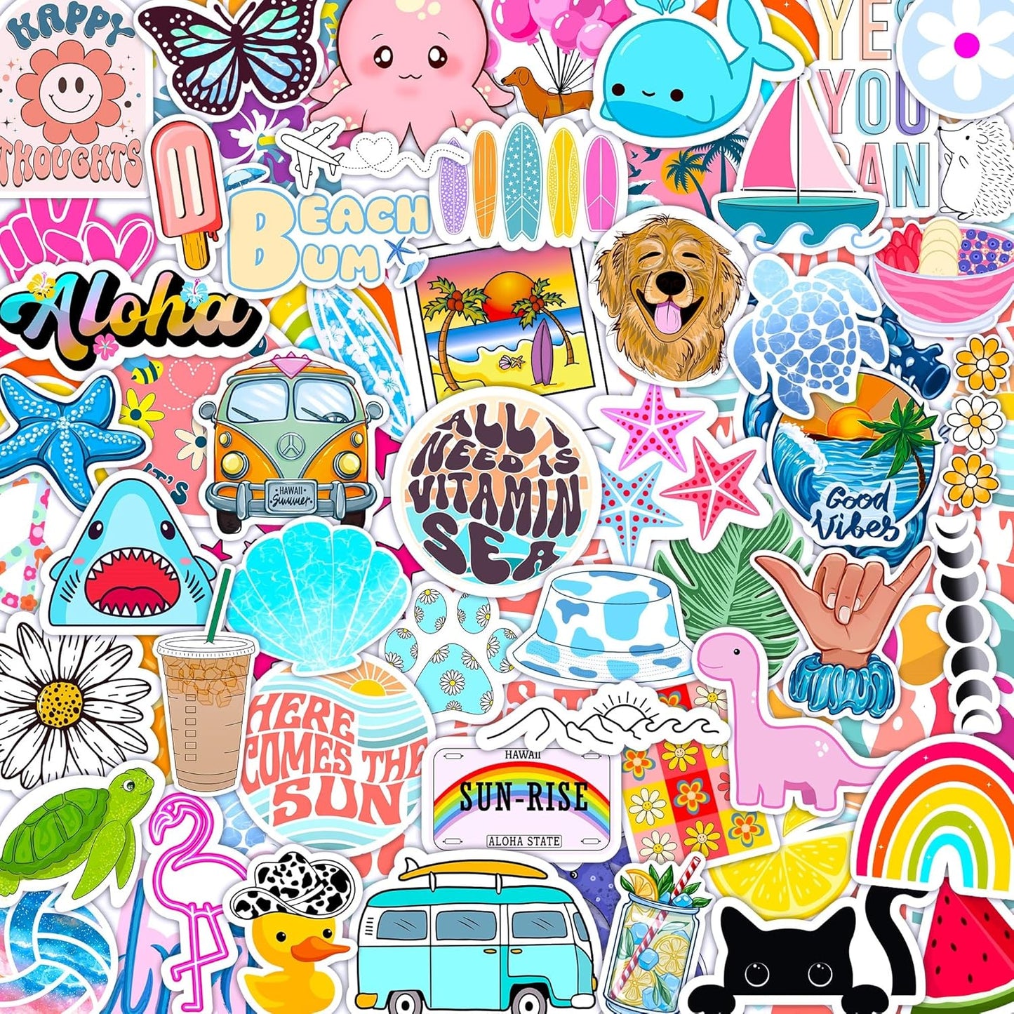 120 PCS Holographic Preppy Beach Stickers for Laptops, Water Bottle, Phone, Cups, Mugs, Hydro Ocean Cute Aesthetic Preppy Sticker Pack for Girls (120)