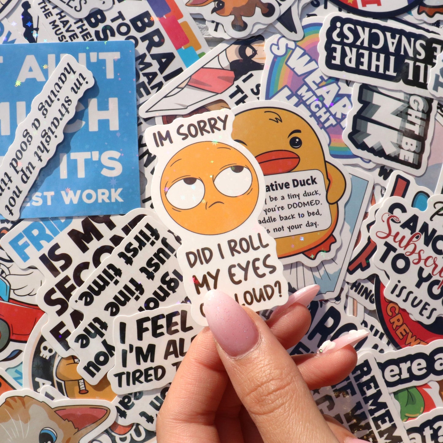 225PCS Funny Holographic Stickers for Adults, Waterproof Vinyl Pack Sarcastic Relatable Meme Decals for Laptop, Water Bottle, Phone, Kindle, Journal, Scrapbooking, No Repeats (225PC Hot Mess)