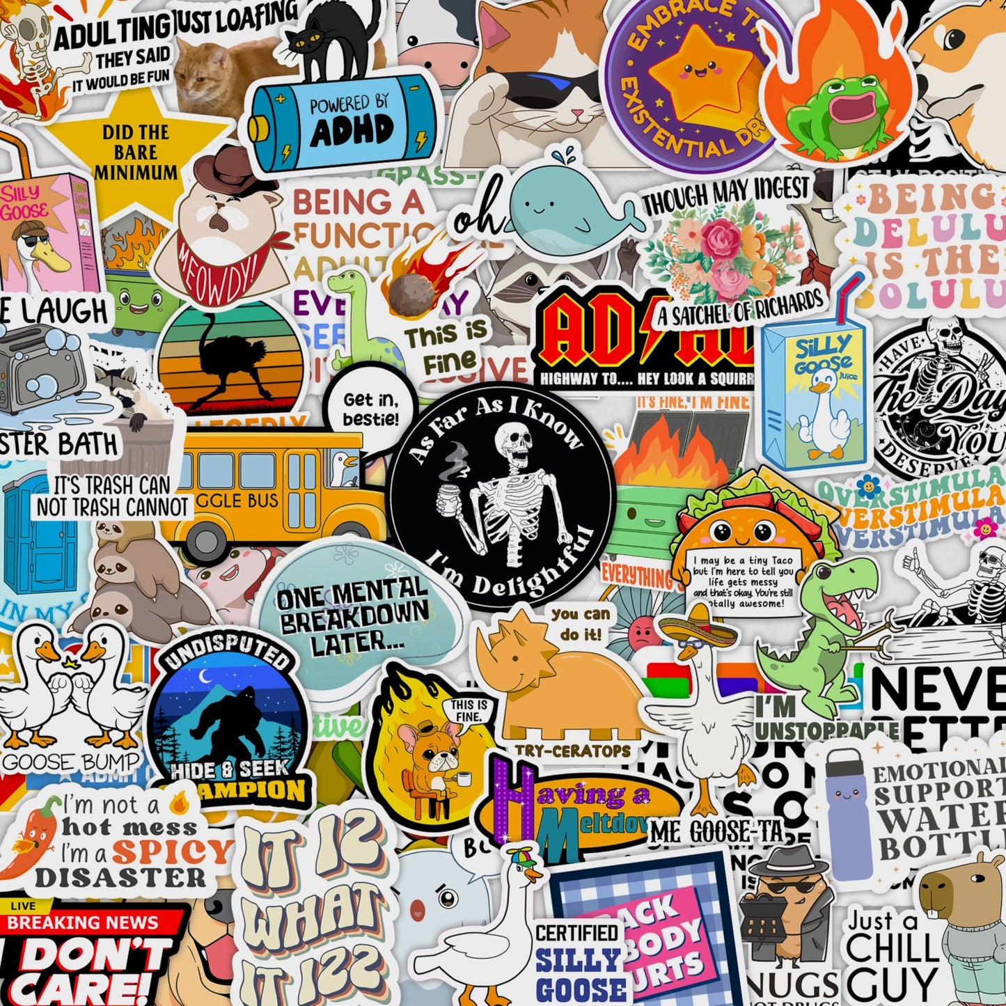 225PCS Funny Holographic Stickers for Adults, Waterproof Vinyl Pack Sarcastic Relatable Meme Decals for Laptop, Water Bottle, Phone, Kindle, Journal, Scrapbooking, No Repeats (225PC Hot Mess)