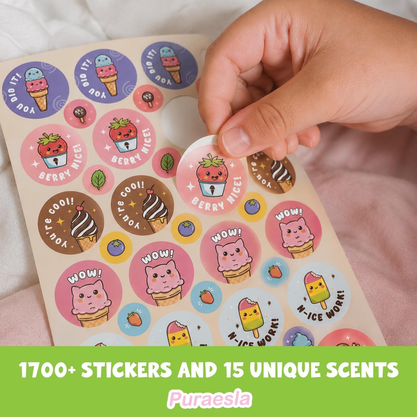 1700 PCS Scratch and Sniff Stickers for Kids by Puraesla- 15 Unique Scents, Scented Reward Stickers for Teachers, Classroom Prizes, Motivational Stickers, Kids Rewards, Back to School Supplies