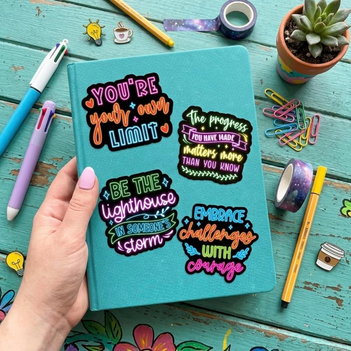 310 Neon Affirmation Stickers, Holographic Motivational Sticker Pack, Positive Journal Encouraging Shiny Quotes for Kids, Teachers, Classroom, Waterproof Scrapbook Supplies