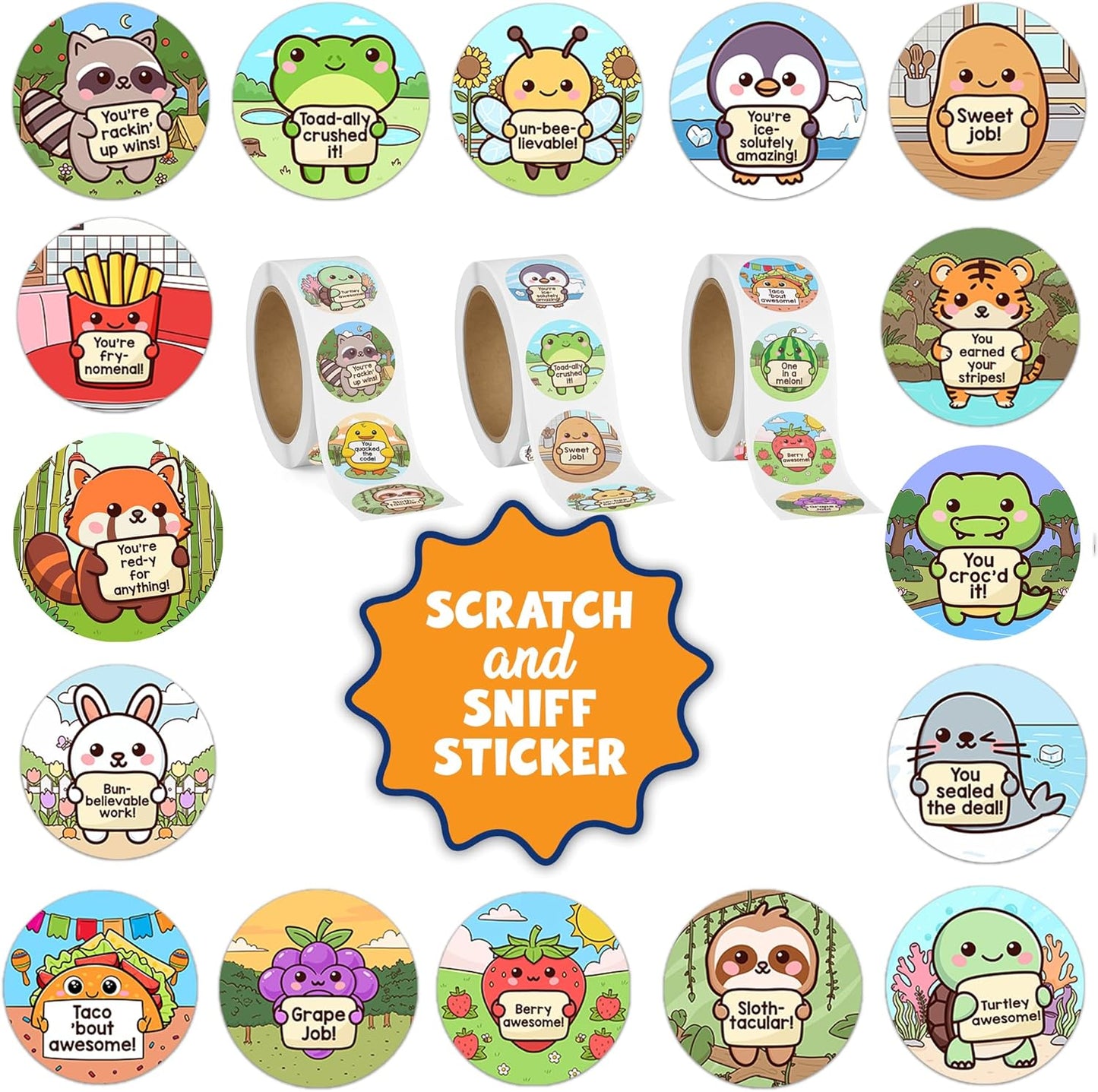 3 Rolls Scratch & Sniff Stickers for Kids by Puraesla – Emotional Support Scented Affirmation Stickers, Cute Classroom Reward Stickers for Teachers, School Motivation & Student Incentives