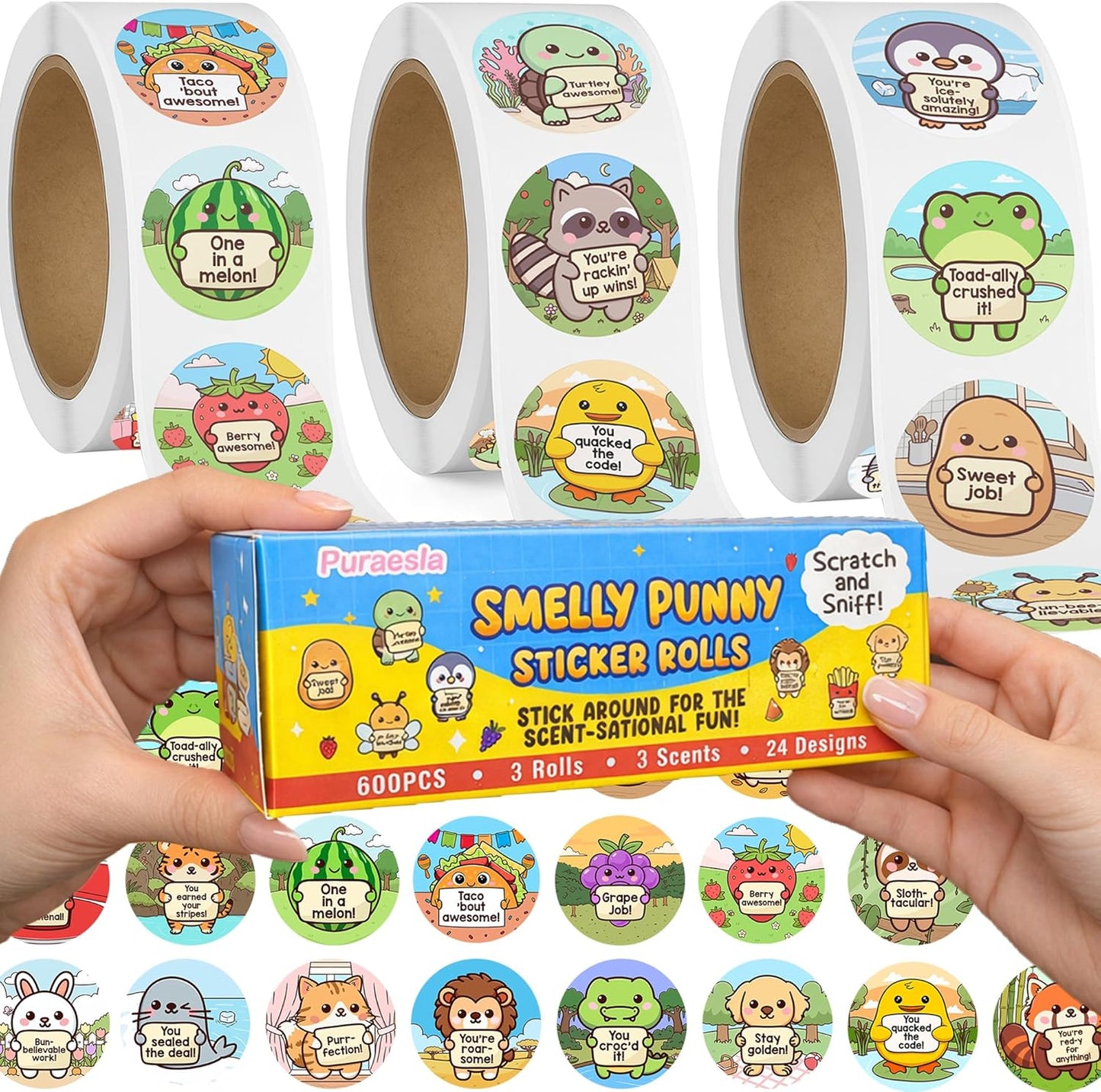 3 Rolls Scratch & Sniff Stickers for Kids by Puraesla – Emotional Support Scented Affirmation Stickers, Cute Classroom Reward Stickers for Teachers, School Motivation & Student Incentives