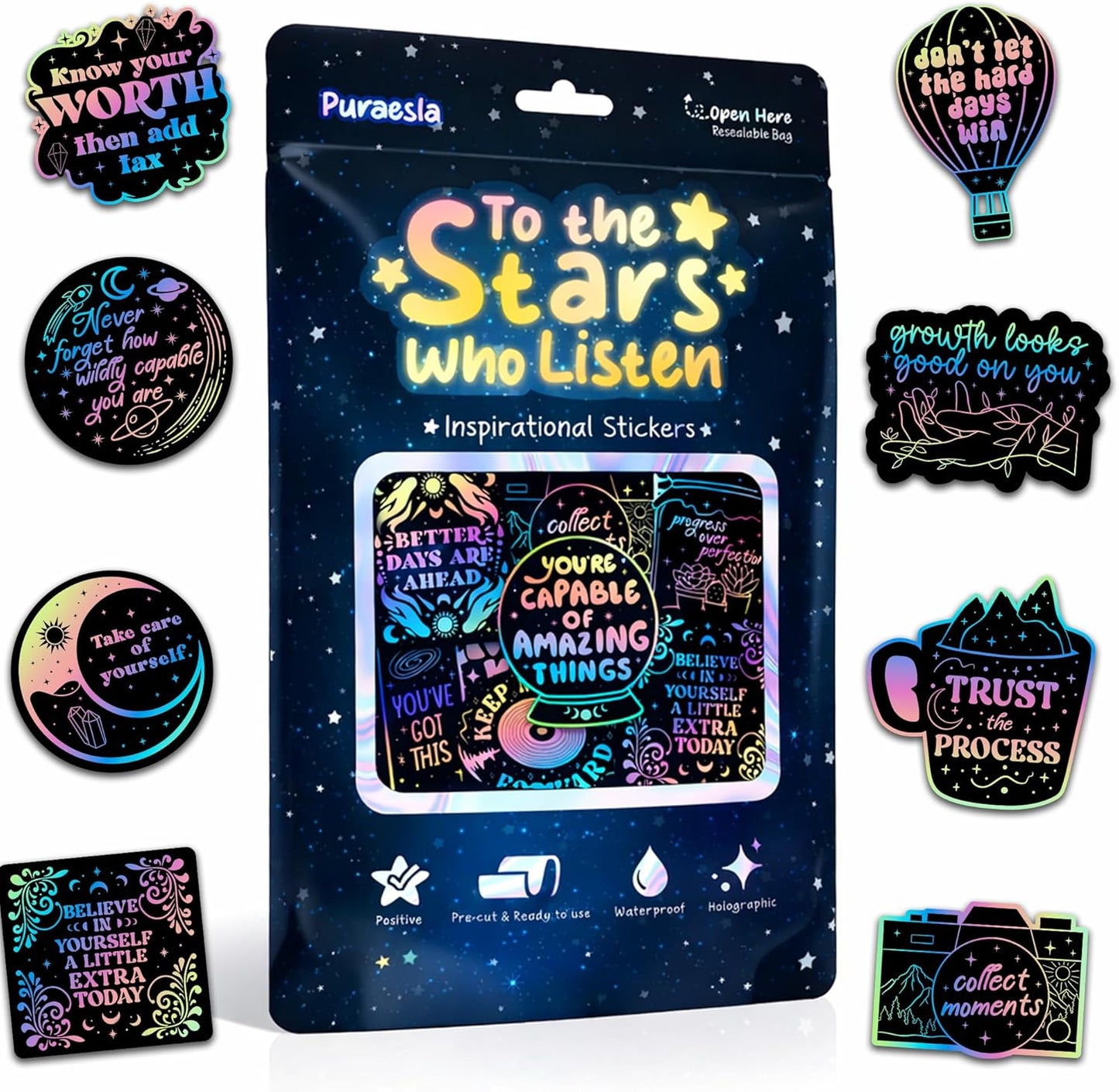 To the Stars Who Listen – Lumina Series Holographic Affirmation Stickers (100pcs)