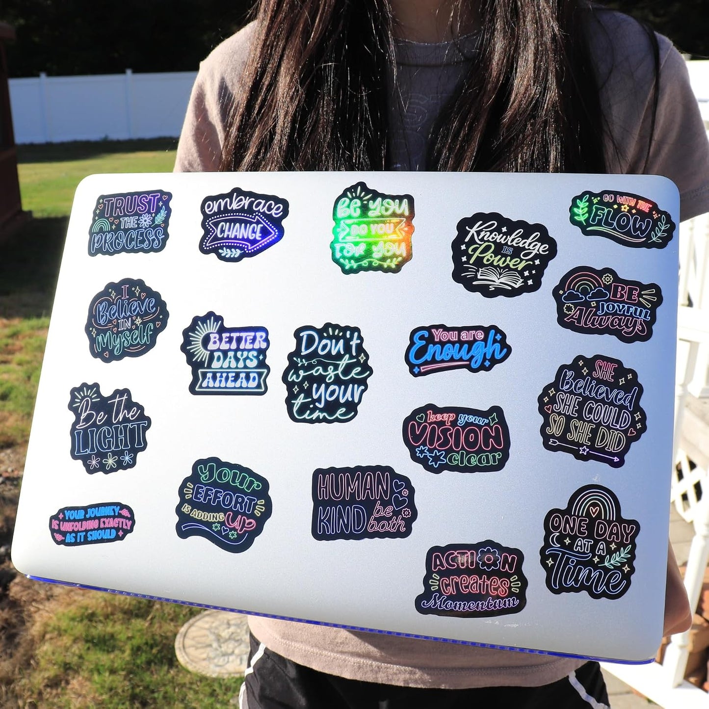 310 Neon Affirmation Stickers, Holographic Motivational Sticker Pack, Positive Journal Encouraging Shiny Quotes for Kids, Teachers, Classroom, Waterproof Scrapbook Supplies