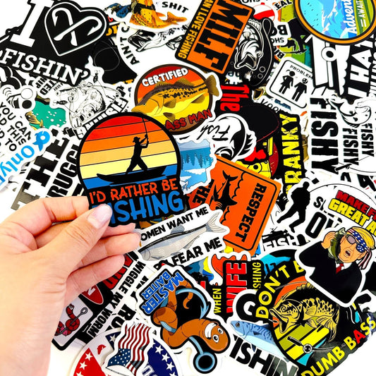 74pcs Funny Fishing Stickers for Tackle Box, Bucket, Father's Day Gift Waterproof Laptop Car Vinyl Skateboard Water Bottle Hard hat Tool Travel Case Guitar