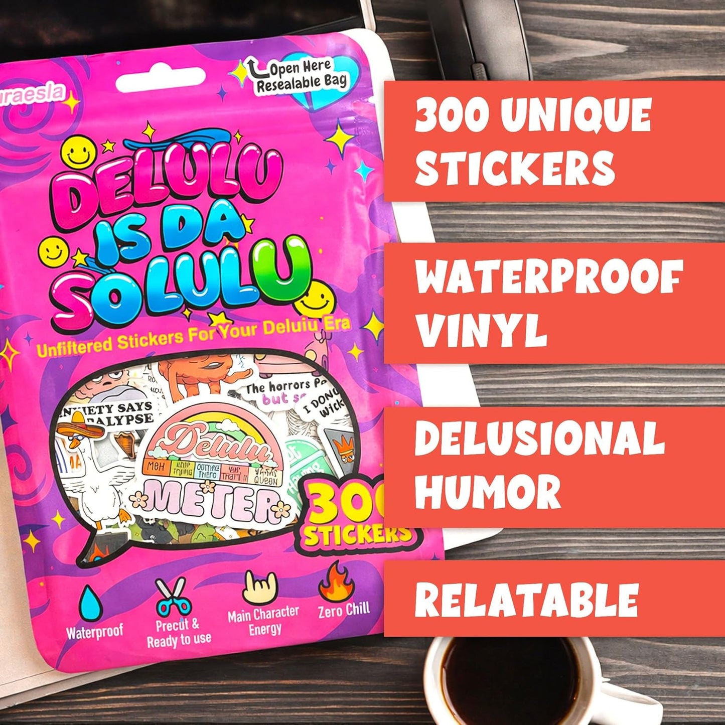 Delulu Is Da Solulu – Holographic Sarcastic Sticker Collection (300pcs) by Puraesla