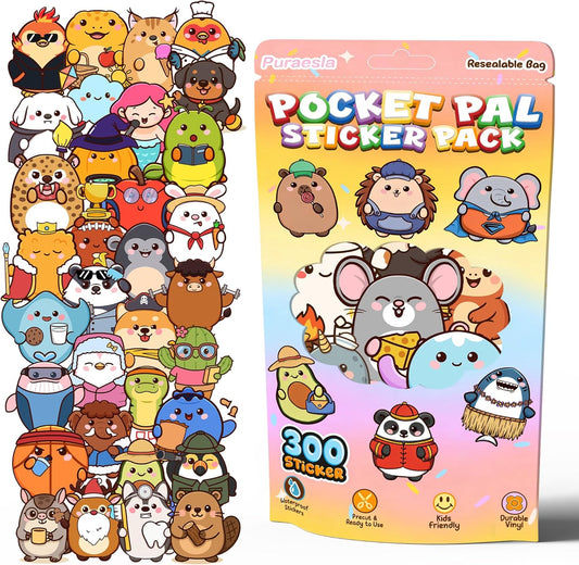 Puraesla Pocket Pals 308PCS Emotional Support Animal Stickers, Cute Positive Affirmation Waterproof Vinyl Decals for Kids Water Bottles, School Rewards, Scrapbooking, Party Favor Stickers