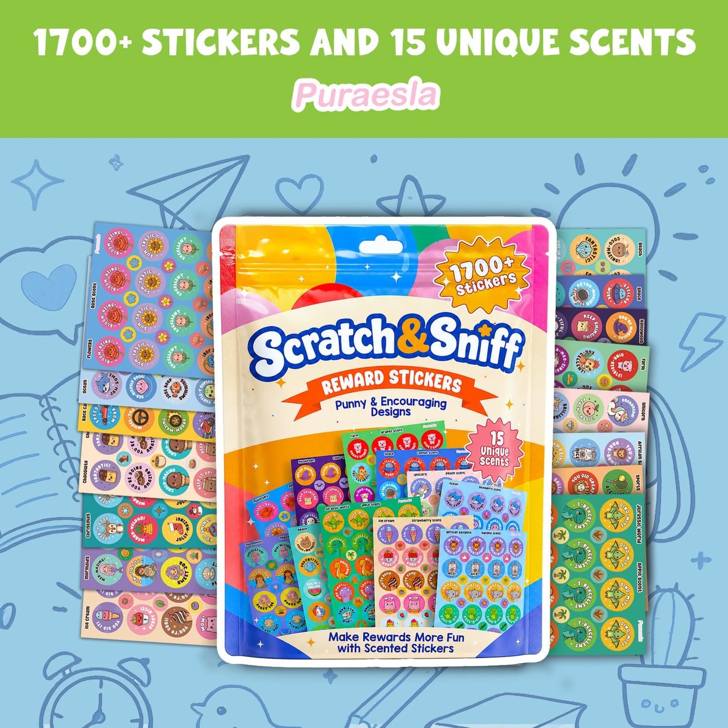 1700 PCS Scratch and Sniff Stickers for Kids by Puraesla- 15 Unique Scents, Scented Reward Stickers for Teachers, Classroom Prizes, Motivational Stickers, Kids Rewards, Back to School Supplies