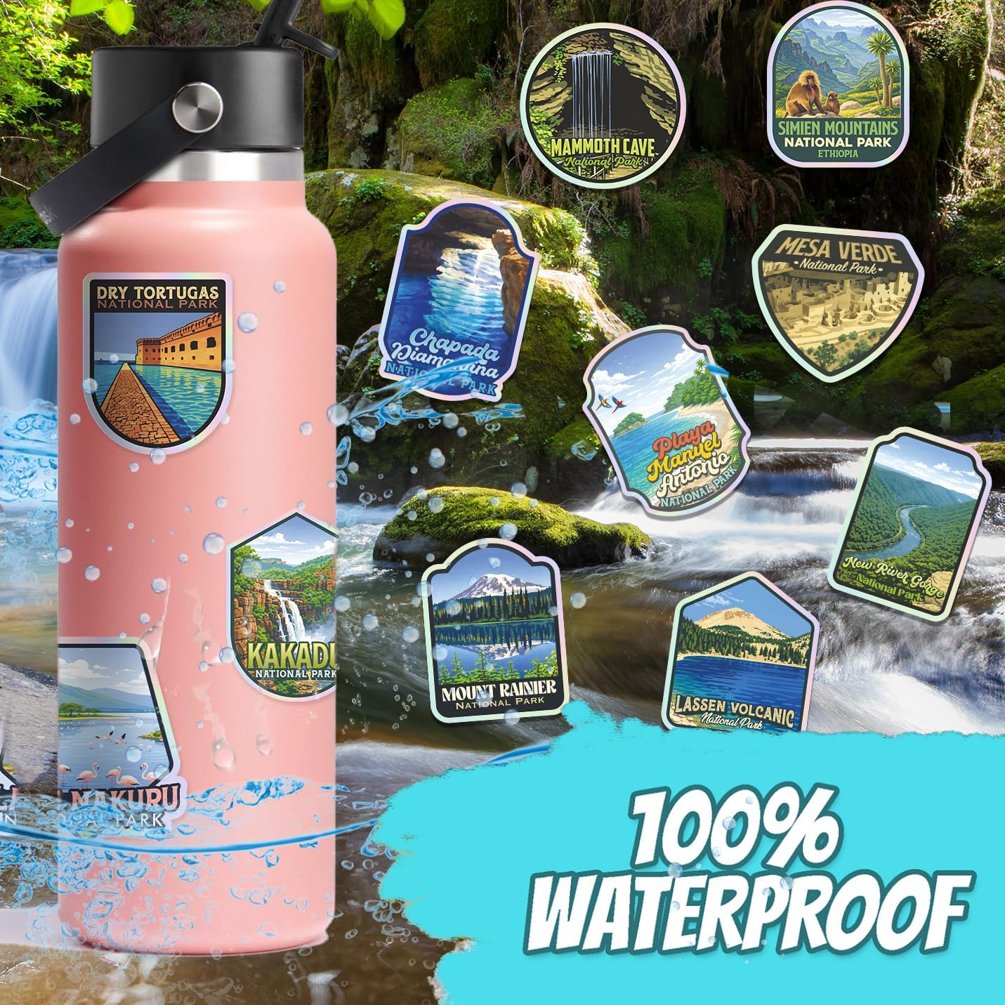 100 Pcs National Parks Around The World Sticker Pack, Outdoor Nature Camping Hiking Inspired Waterproof Decals for Water Bottles Laptop Car