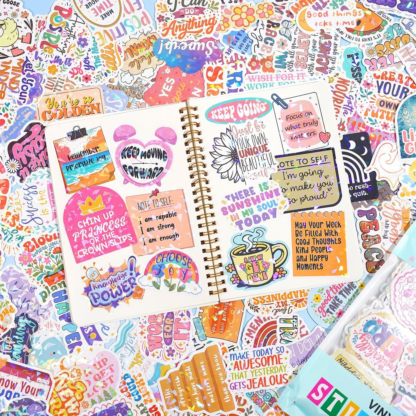 300PCS Affirmation Stickers, Holographic Motivational Sticker Pack, Positive Journal Encouraging Shiny Quotes for Kids, Teachers, Classroom, Waterproof Scrapbook Supplies