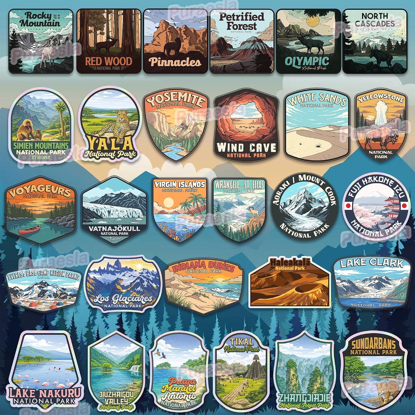 100 Pcs National Parks Around The World Sticker Pack, Outdoor Nature Camping Hiking Inspired Waterproof Decals for Water Bottles Laptop Car