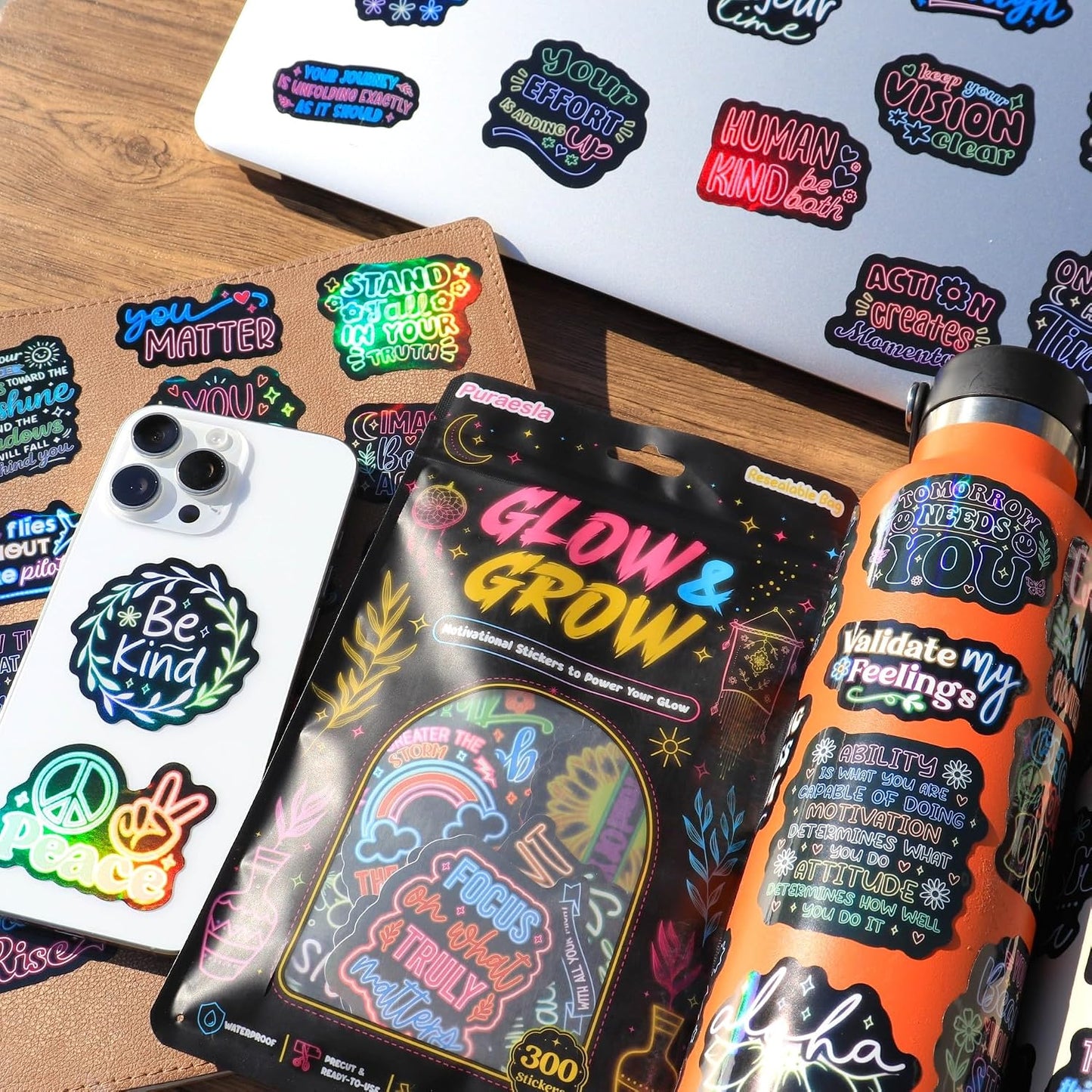 310 Neon Affirmation Stickers, Holographic Motivational Sticker Pack, Positive Journal Encouraging Shiny Quotes for Kids, Teachers, Classroom, Waterproof Scrapbook Supplies