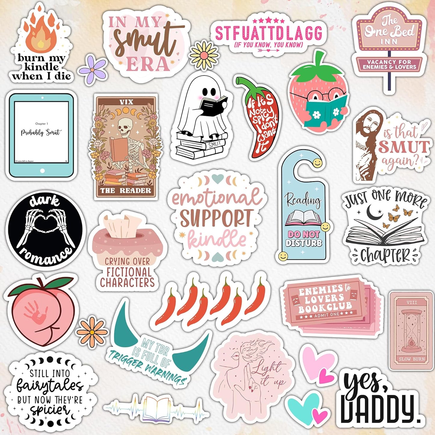 120 PCS Romance Book Stickers for Kindle, Holographic Smutty Bookish Sticker Pack for Readers Adult Spicy Booktok Vinyl Decals for Laptop IPAD Reader Water Bottle Girls Waterproof