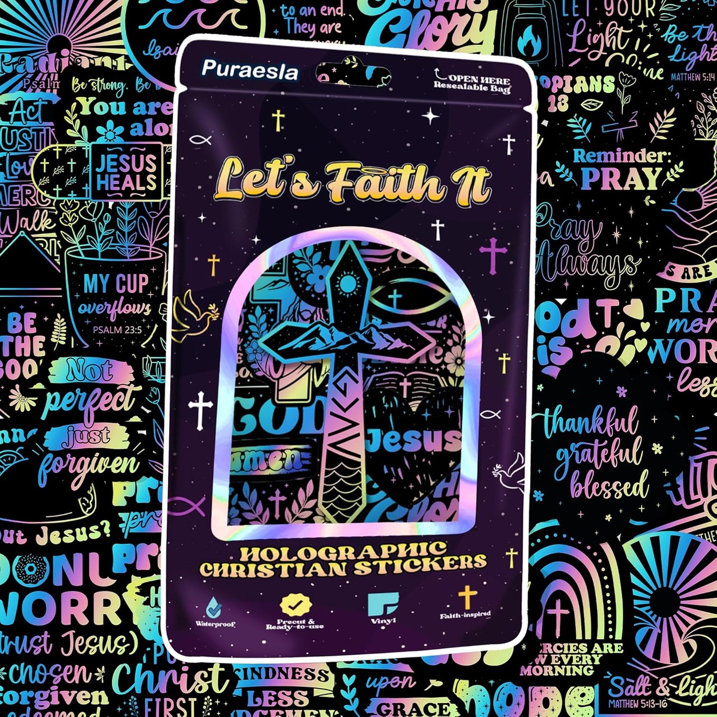 100 PCS Holographic Christian Stickers for Women, Kids, Let's Faith It By Puraesla - Lumina Series - Scripture Religious, Jesus Bible Verse for Journaling & Decor Laptop, Phone, Water Bottle