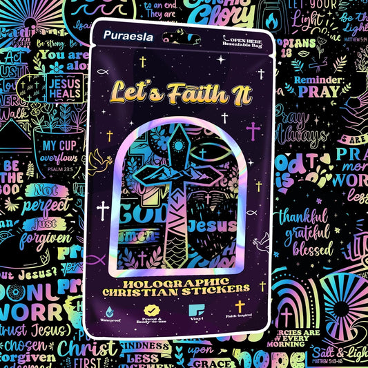 100 PCS Holographic Christian Stickers for Women, Kids, Let's Faith It By Puraesla - Lumina Series - Scripture Religious, Jesus Bible Verse for Journaling & Decor Laptop, Phone, Water Bottle