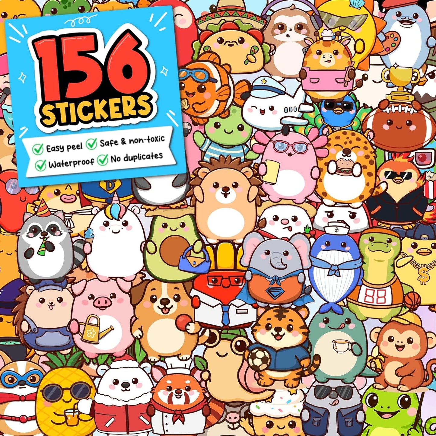 Pocket Pals by Puraesla – 156PCS Cute Animal Stickers for Kids, Waterproof Vinyl Water Bottle Stickers, Self-Adhesive Pet Reward Decals for Classroom, Baby, Party Favors