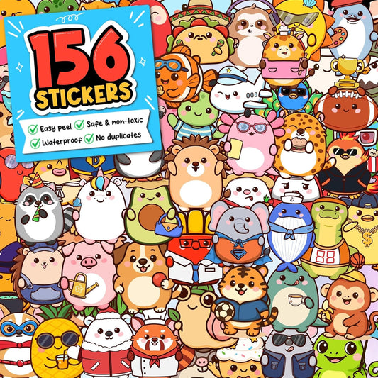 Pocket Pals by Puraesla – 156PCS Cute Animal Stickers for Kids, Waterproof Vinyl Water Bottle Stickers, Self-Adhesive Pet Reward Decals for Classroom, Baby, Party Favors