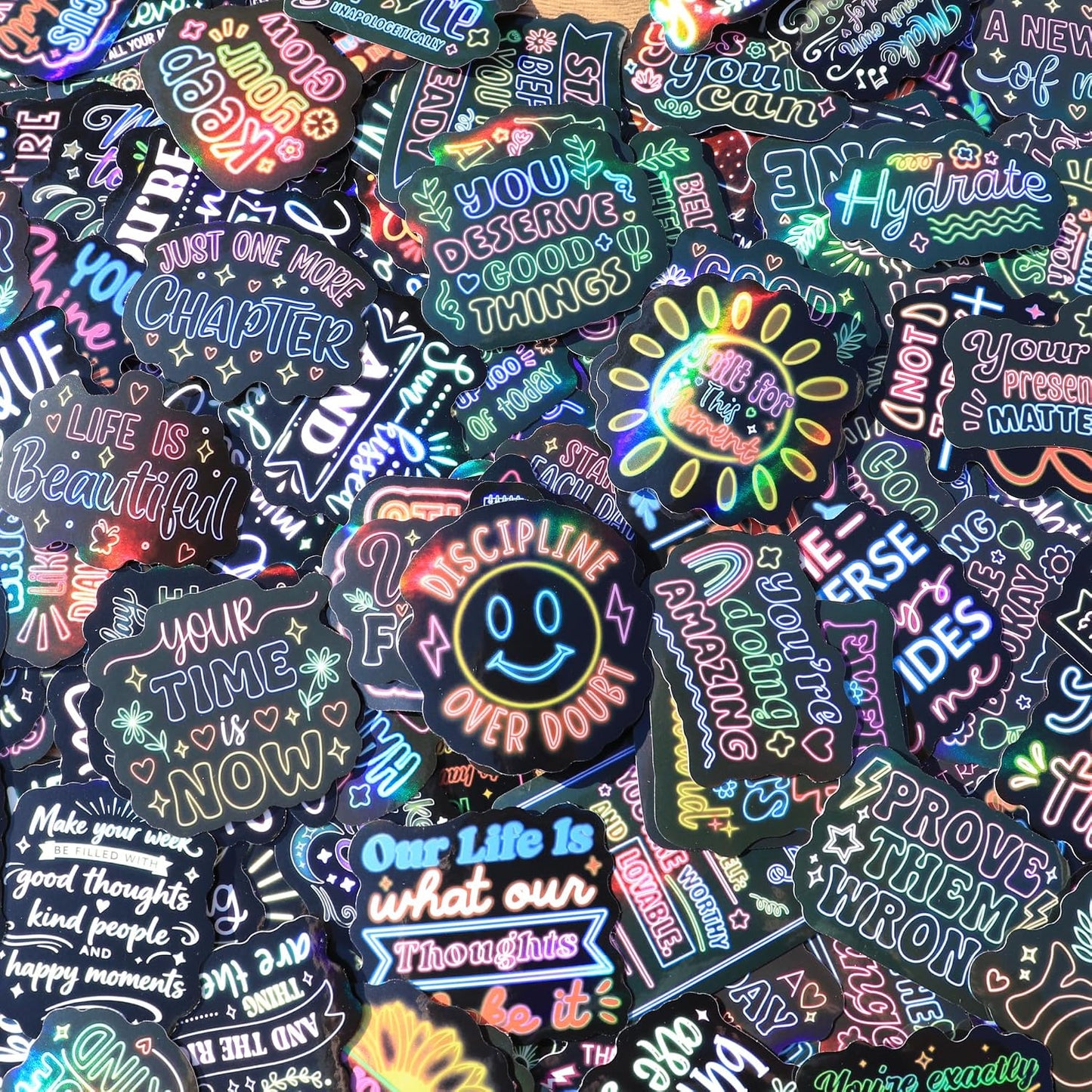 310 Neon Affirmation Stickers, Holographic Motivational Sticker Pack, Positive Journal Encouraging Shiny Quotes for Kids, Teachers, Classroom, Waterproof Scrapbook Supplies