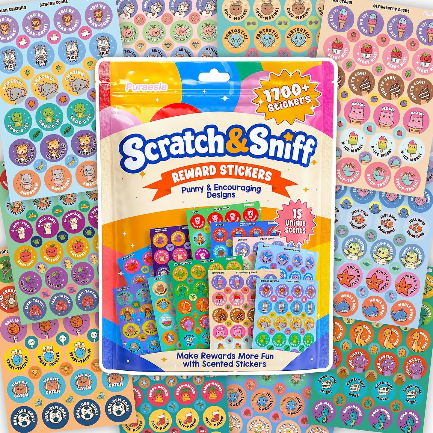 1700 PCS Scratch and Sniff Stickers for Kids by Puraesla- 15 Unique Scents, Scented Reward Stickers for Teachers, Classroom Prizes, Motivational Stickers, Kids Rewards, Back to School Supplies