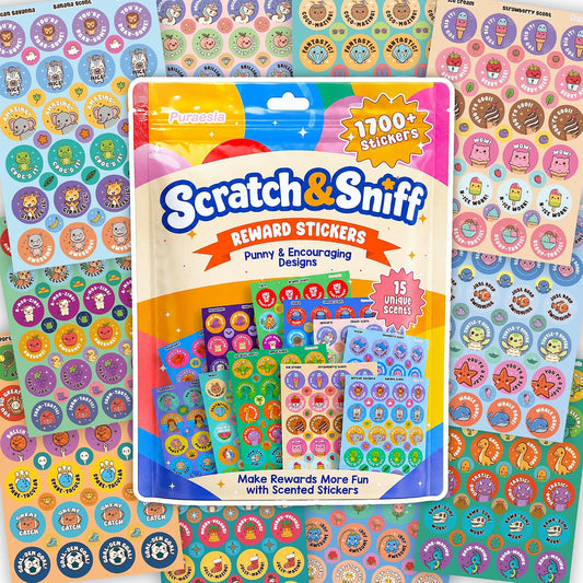 1700 PCS Scratch and Sniff Stickers for Kids by Puraesla- 15 Unique Scents, Scented Reward Stickers for Teachers, Classroom Prizes, Motivational Stickers, Kids Rewards, Back to School Supplies