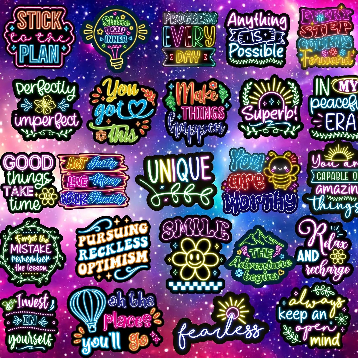 310 Neon Affirmation Stickers, Holographic Motivational Sticker Pack, Positive Journal Encouraging Shiny Quotes for Kids, Teachers, Classroom, Waterproof Scrapbook Supplies
