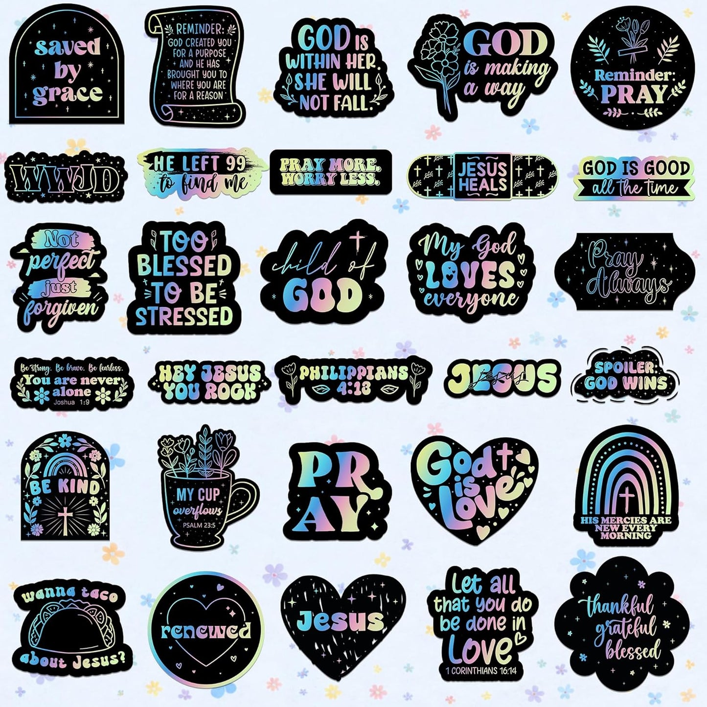 100 PCS Holographic Christian Stickers for Women, Kids, Let's Faith It By Puraesla - Lumina Series - Scripture Religious, Jesus Bible Verse for Journaling & Decor Laptop, Phone, Water Bottle