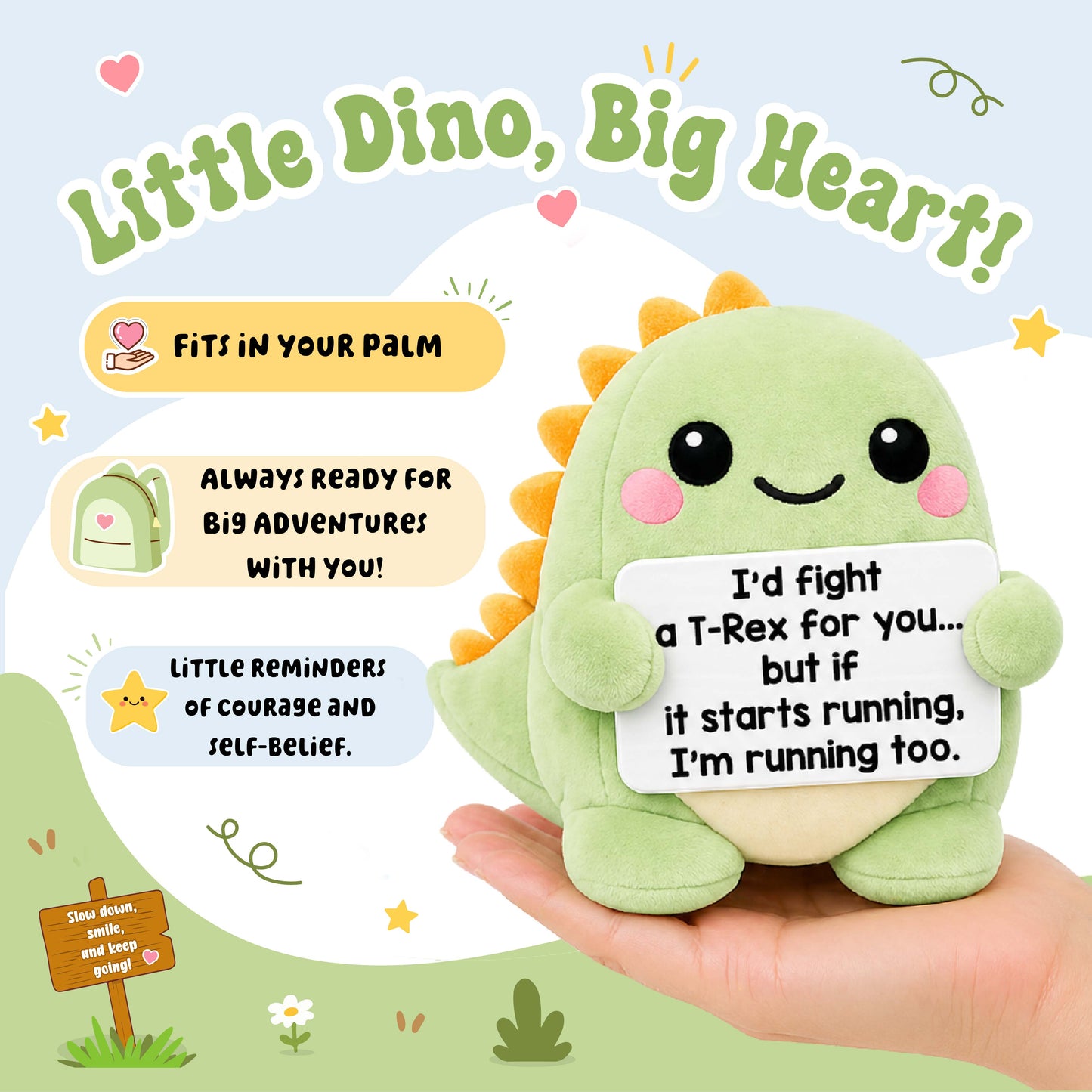 ScoopUp Squad Plush Dino - Positive Birthday Gift for Women Men Teacher, ScoopUp Squad Uplifting Affirmation with 30 Cards, Emotional Funny Supportive Messages for Friends, Family, Coworker