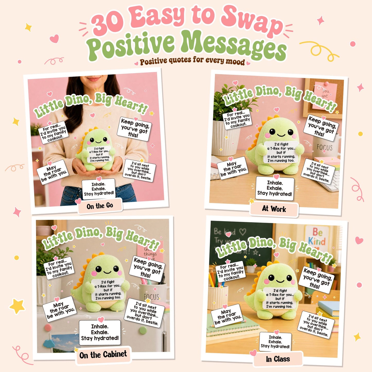 ScoopUp Squad Plush Dino - Positive Birthday Gift for Women Men Teacher, ScoopUp Squad Uplifting Affirmation with 30 Cards, Emotional Funny Supportive Messages for Friends, Family, Coworker