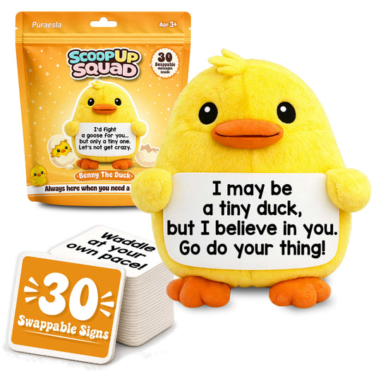 ScoopUp Squad Plush Duck - Positive Birthday Gift for Women Men Teacher, ScoopUp Squad Uplifting Affirmation with 30 Cards, Emotional Funny Supportive Messages for Friends, Family, Coworker