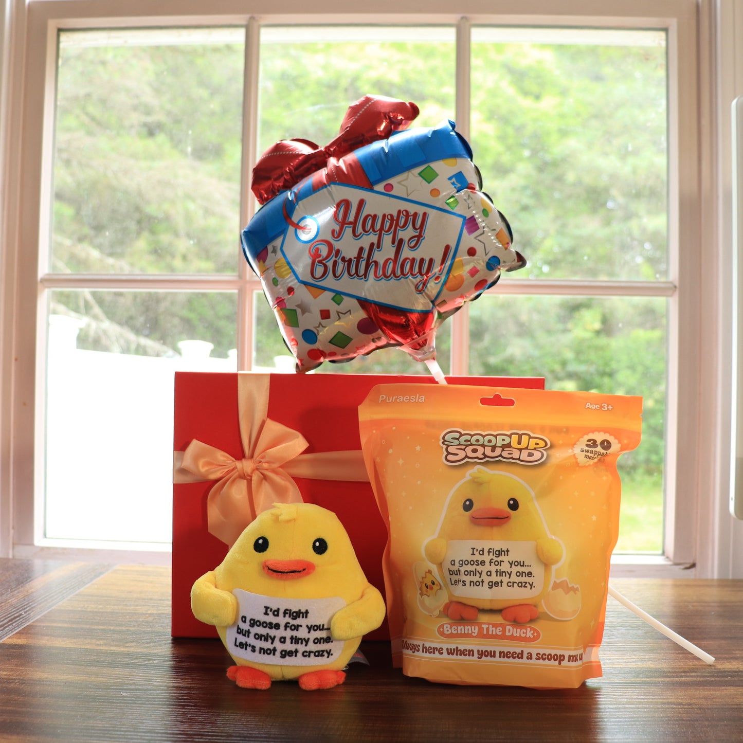 ScoopUp Squad Plush Duck - Positive Birthday Gift for Women Men Teacher, ScoopUp Squad Uplifting Affirmation with 30 Cards, Emotional Funny Supportive Messages for Friends, Family, Coworker