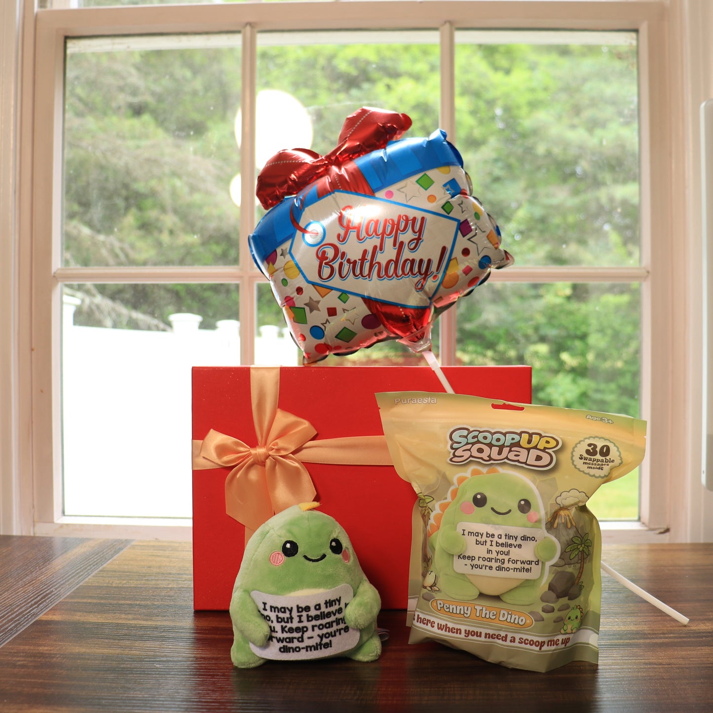 ScoopUp Squad Plush Dino - Positive Birthday Gift for Women Men Teacher, ScoopUp Squad Uplifting Affirmation with 30 Cards, Emotional Funny Supportive Messages for Friends, Family, Coworker