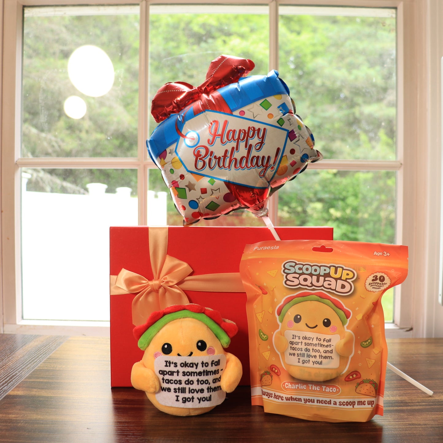 ScoopUp Squad Plush Taco - Positive Birthday Gift for Women Men Teacher, ScoopUp Squad Uplifting Affirmation with 30 Cards, Emotional Funny Supportive Messages for Friends, Family, Coworker