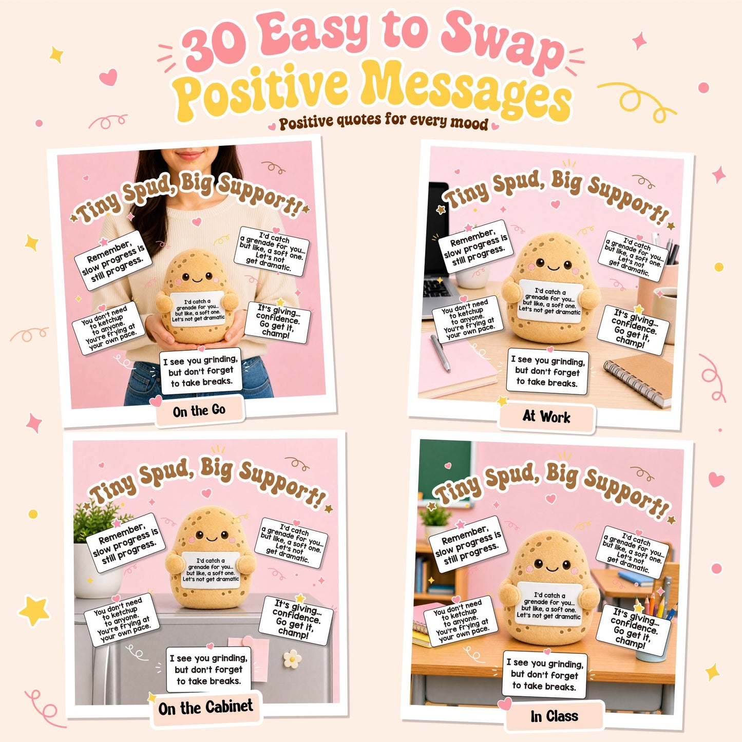 ScoopUp Squad Plush Potato - Positive Birthday Gift for Women Men Teacher, ScoopUp Squad Uplifting Affirmation with 30 Cards, Emotional Funny Supportive Messages for Friends, Family, Coworker