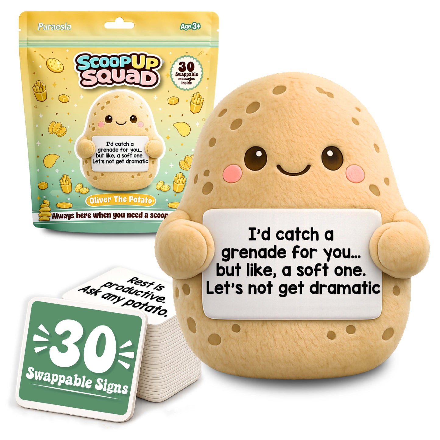 ScoopUp Squad Plush Potato - Positive Birthday Gift for Women Men Teacher, ScoopUp Squad Uplifting Affirmation with 30 Cards, Emotional Funny Supportive Messages for Friends, Family, Coworker