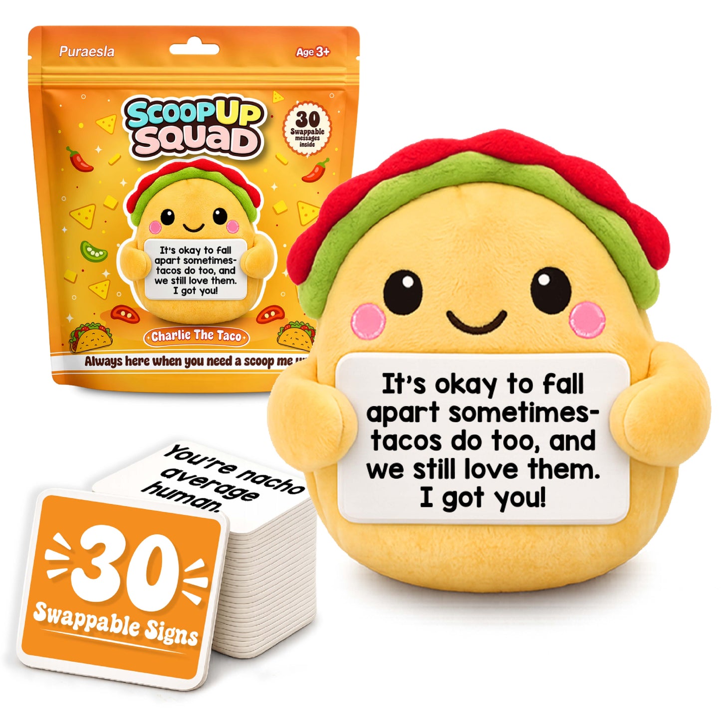 ScoopUp Squad Plush Taco - Positive Birthday Gift for Women Men Teacher, ScoopUp Squad Uplifting Affirmation with 30 Cards, Emotional Funny Supportive Messages for Friends, Family, Coworker