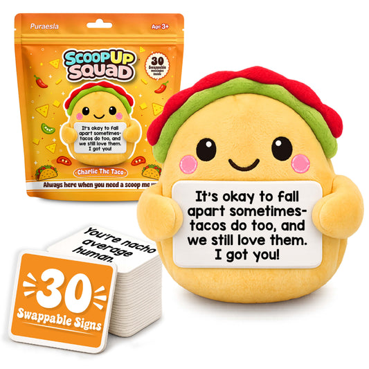 ScoopUp Squad Plush Taco - Positive Birthday Gift for Women Men Teacher, ScoopUp Squad Uplifting Affirmation with 30 Cards, Emotional Funny Supportive Messages for Friends, Family, Coworker
