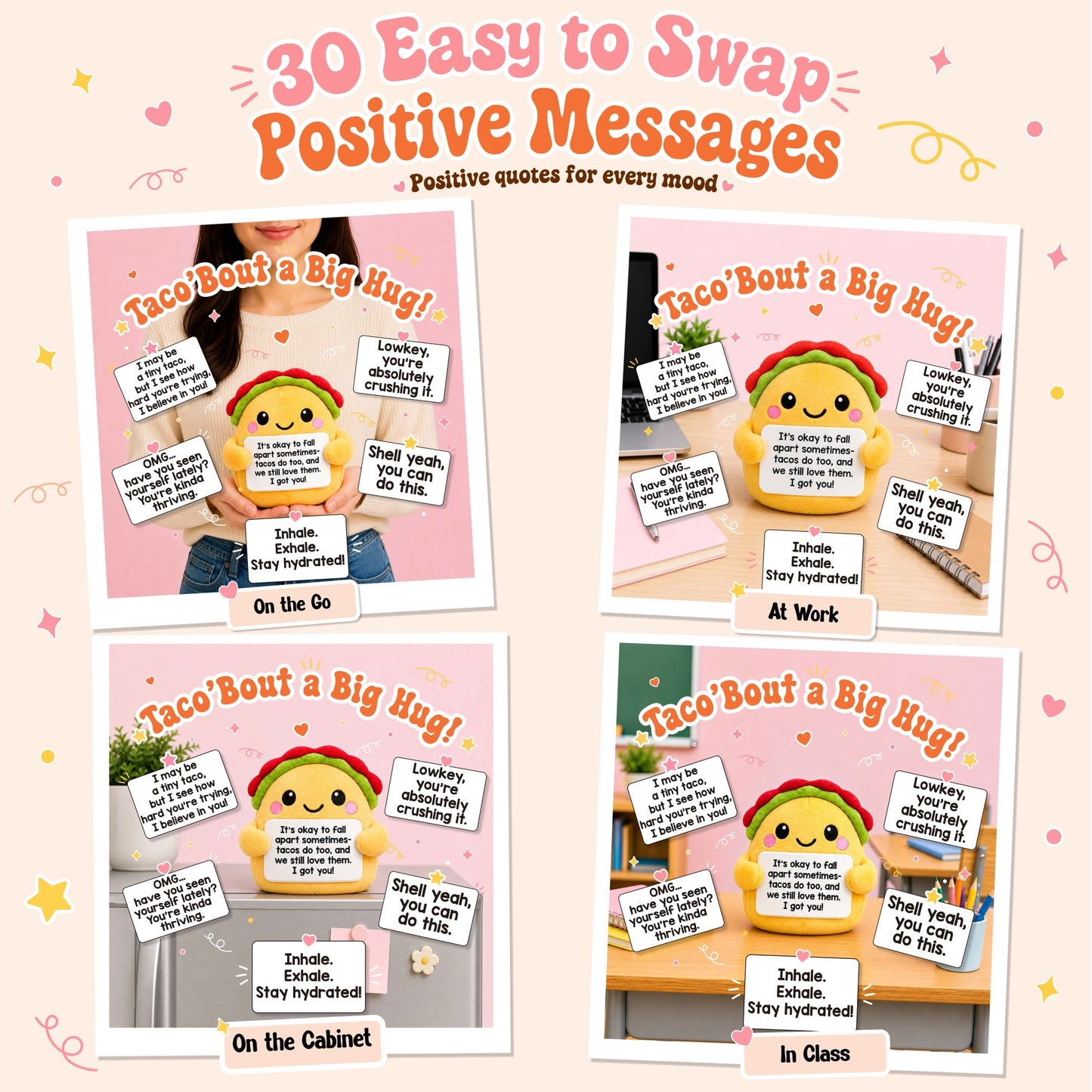 ScoopUp Squad Plush Taco - Positive Birthday Gift for Women Men Teacher, ScoopUp Squad Uplifting Affirmation with 30 Cards, Emotional Funny Supportive Messages for Friends, Family, Coworker
