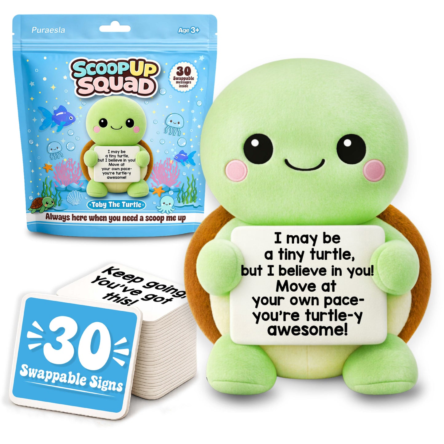 ScoopUp Squad Plush Turtle - Positive Birthday Gift for Women Men Teacher, ScoopUp Squad Uplifting Affirmation with 30 Cards, Emotional Funny Supportive Messages for Friends, Family, Coworker